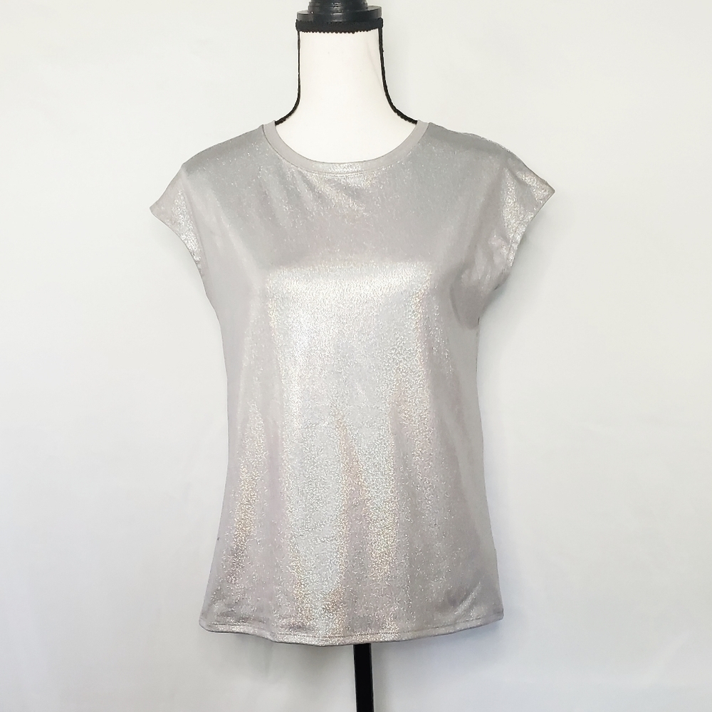 NWOT More Than Magic Shiny Metallic Open Twist Back Short Sleeve Top